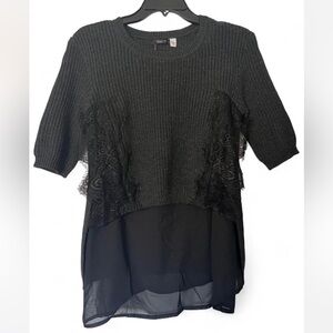 DEX Black Mixed Media Sweater Top Lace Inset Attached Camisole Sz Medium y2k